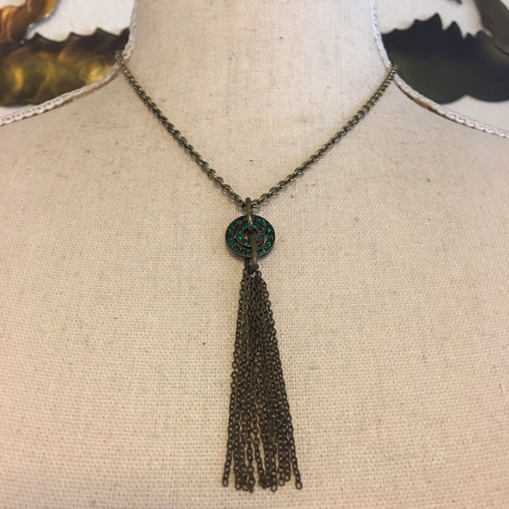 Vintage green rhinestone chain tassel necklace